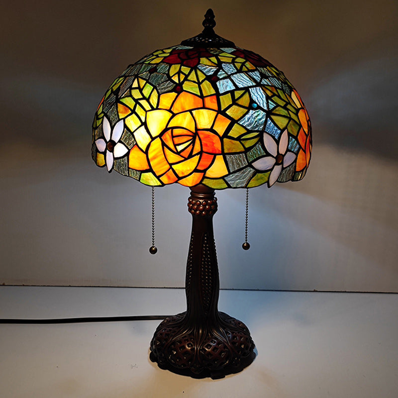 Traditional Tiffany Half Round Cylinder Petal Dragonfly Stained Glass Resin 2-Light Table Lamp For Bedroom