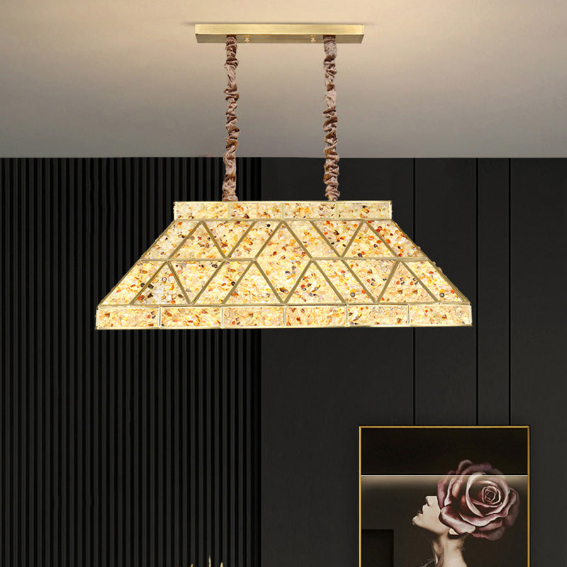 Contemporary Luxury Trapezoidal Crushed Flower Rectangular Base Copper Crystal 10/15 Light Chandeliers Island Light For Dining Room