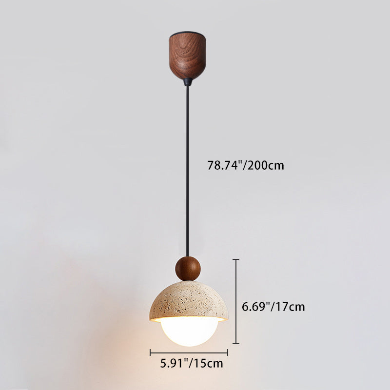 Contemporary Scandinavian Half Round Sphere Wood Travertine Glass 1-Light Pendant Light For Bedroom