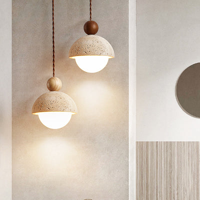 Contemporary Scandinavian Half Round Sphere Wood Travertine Glass 1-Light Pendant Light For Bedroom