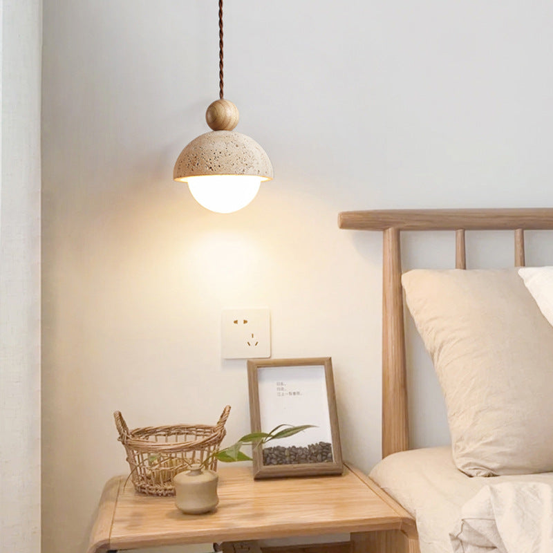 Contemporary Scandinavian Half Round Sphere Wood Travertine Glass 1-Light Pendant Light For Bedroom