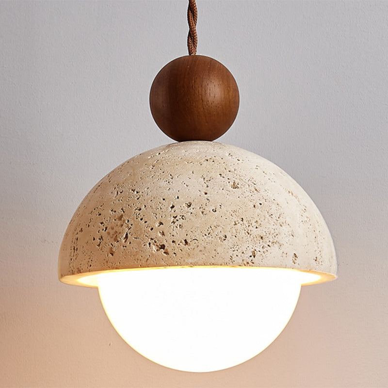 Contemporary Scandinavian Half Round Sphere Wood Travertine Glass 1-Light Pendant Light For Bedroom