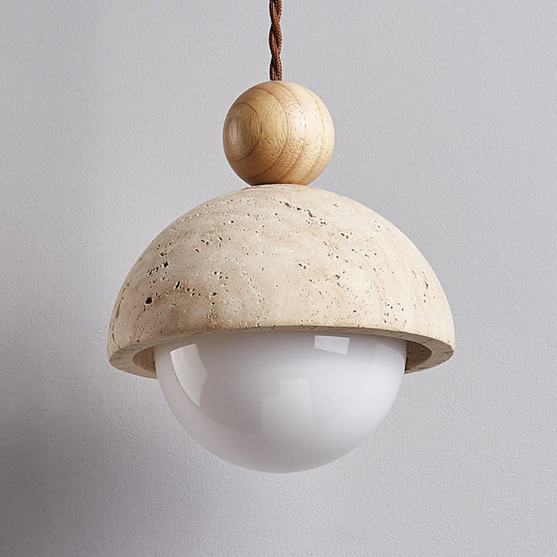 Contemporary Scandinavian Half Round Sphere Wood Travertine Glass 1-Light Pendant Light For Bedroom