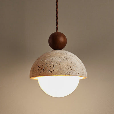 Contemporary Scandinavian Half Round Sphere Wood Travertine Glass 1-Light Pendant Light For Bedroom