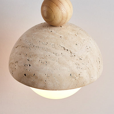 Contemporary Scandinavian Half Round Sphere Wood Travertine Glass 1-Light Pendant Light For Bedroom