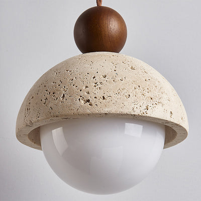 Contemporary Scandinavian Half Round Sphere Wood Travertine Glass 1-Light Pendant Light For Bedroom