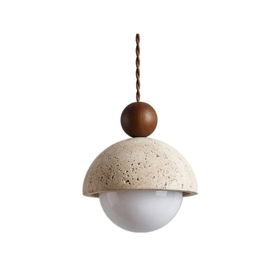 Contemporary Scandinavian Half Round Sphere Wood Travertine Glass 1-Light Pendant Light For Bedroom