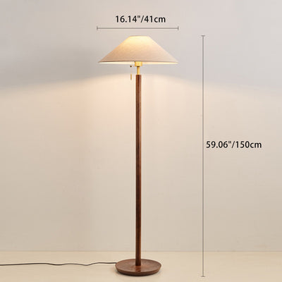 Contemporary Scandinavian Round Table Cylinder Disc Base Wooden Fabric 1-Light Standing Floor Lamp For Living Room