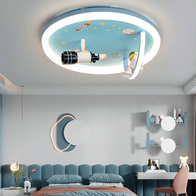 Contemporary Creative Cartoon Kids Astronaut Wizard Telescope Camera Round Arched Iron Resin Acrylic LED Flush Mount Ceiling Light For Bedroom