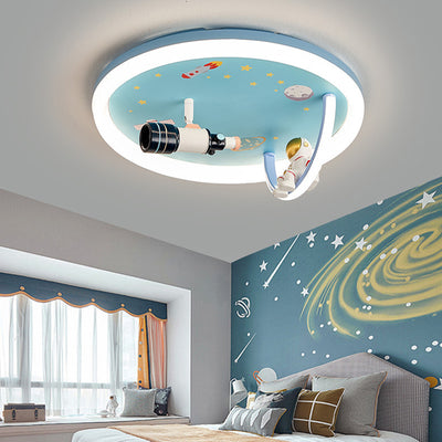 Contemporary Creative Cartoon Kids Astronaut Wizard Telescope Camera Round Arched Iron Resin Acrylic LED Flush Mount Ceiling Light For Bedroom