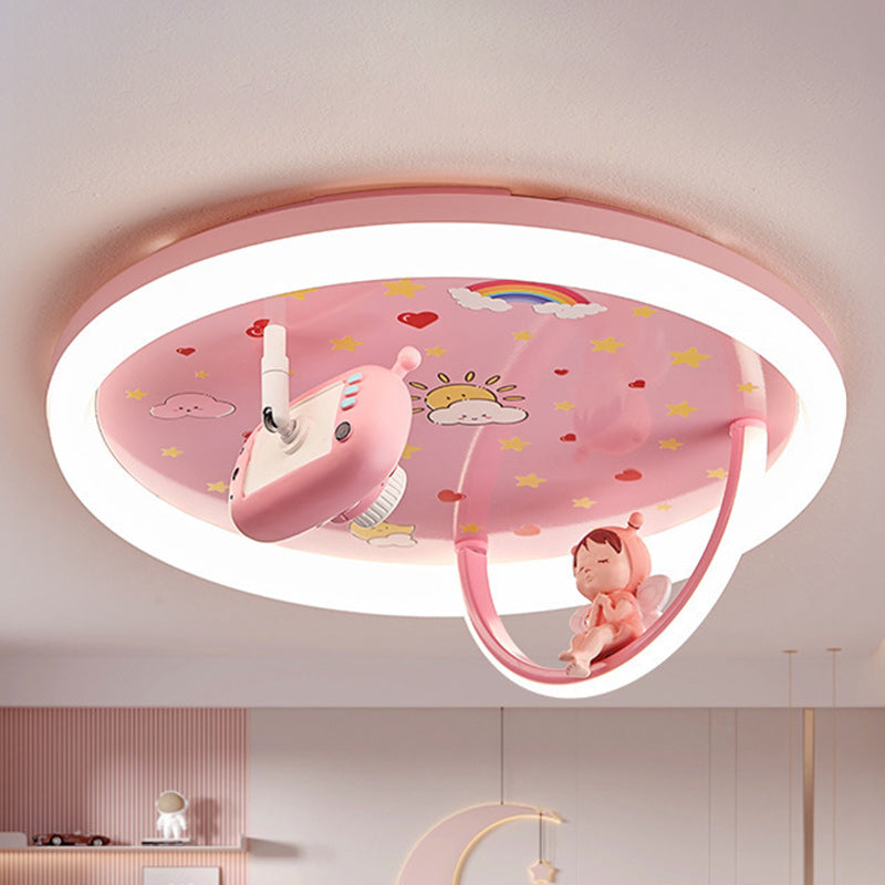 Contemporary Creative Cartoon Kids Astronaut Wizard Telescope Camera Round Arched Iron Resin Acrylic LED Flush Mount Ceiling Light For Bedroom