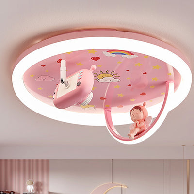 Contemporary Creative Cartoon Kids Astronaut Wizard Telescope Camera Round Arched Iron Resin Acrylic LED Flush Mount Ceiling Light For Bedroom