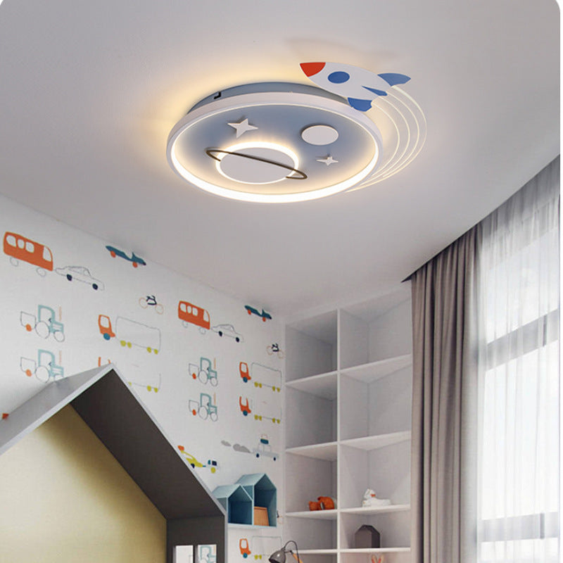 Contemporary Creative Cartoon Kids Rocket Planet Stars Round Iron Acrylic LED Flush Mount Ceiling Light For Bedroom