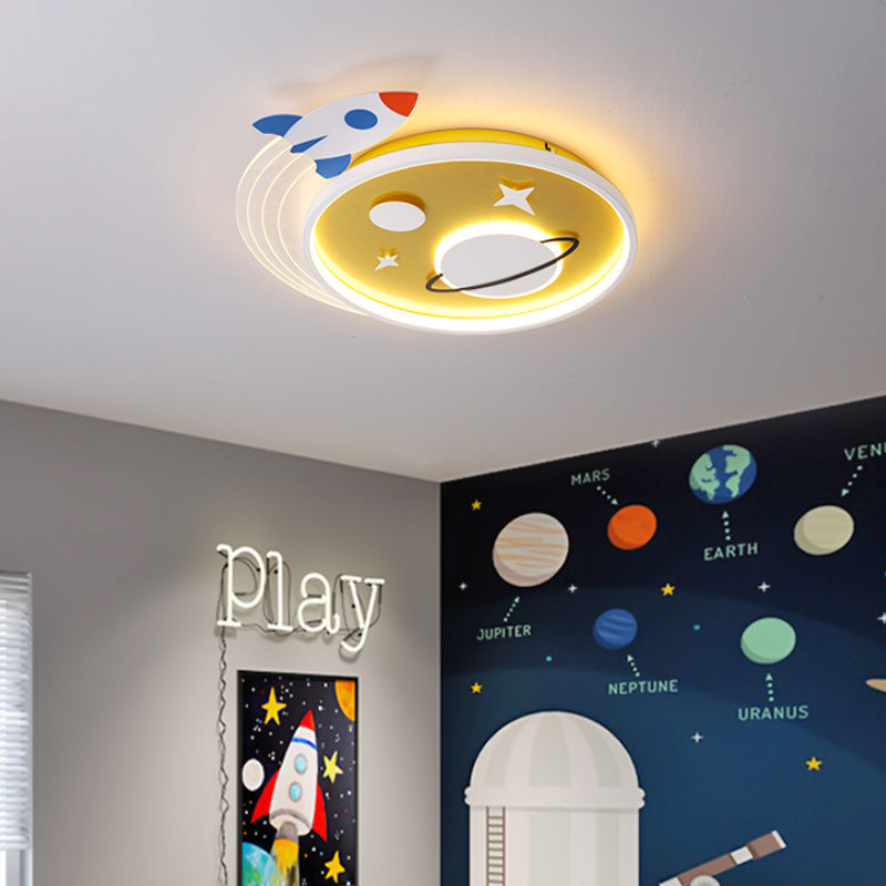 Contemporary Creative Cartoon Kids Rocket Planet Stars Round Iron Acrylic LED Flush Mount Ceiling Light For Bedroom