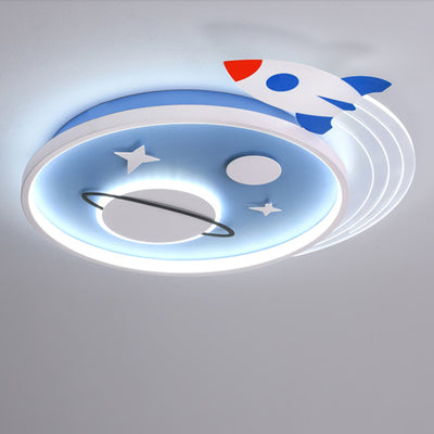 Contemporary Creative Cartoon Kids Rocket Planet Stars Round Iron Acrylic LED Flush Mount Ceiling Light For Bedroom