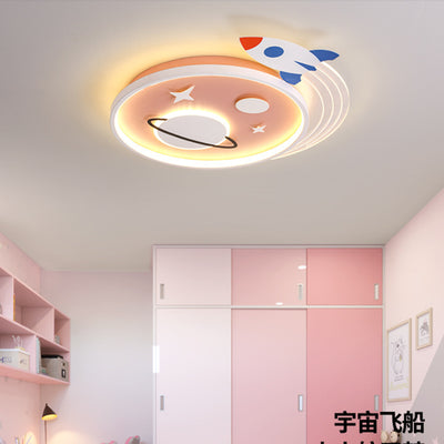 Contemporary Creative Cartoon Kids Rocket Planet Stars Round Iron Acrylic LED Flush Mount Ceiling Light For Bedroom