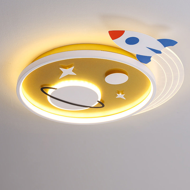 Contemporary Creative Cartoon Kids Rocket Planet Stars Round Iron Acrylic LED Flush Mount Ceiling Light For Bedroom