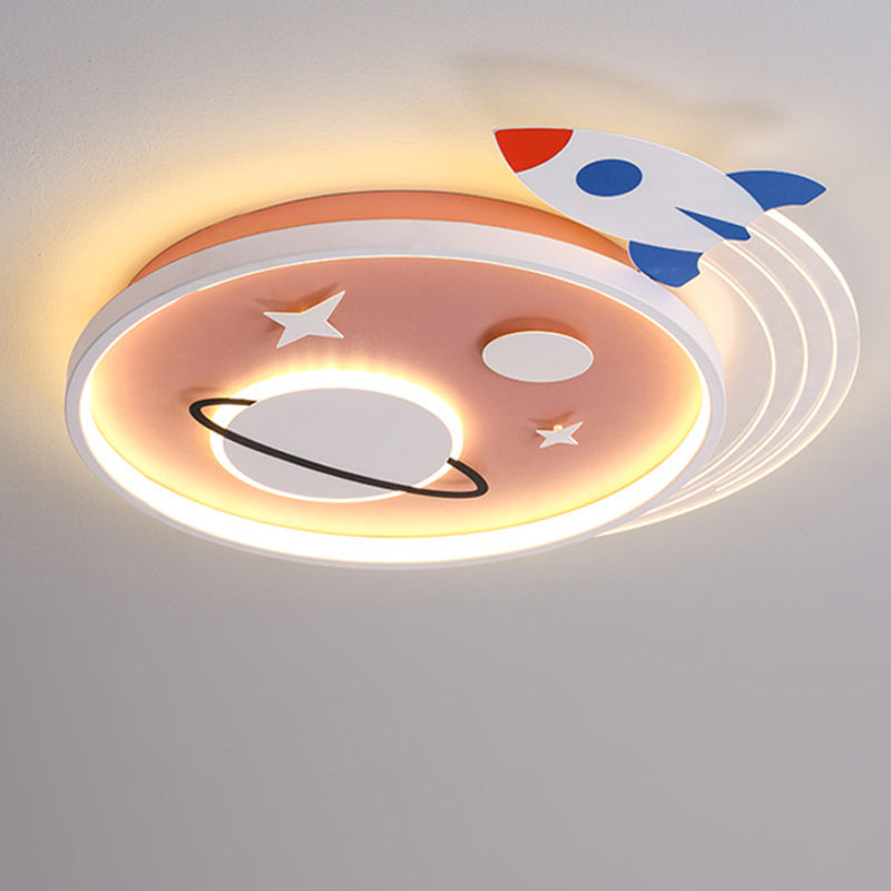 Contemporary Creative Cartoon Kids Rocket Planet Stars Round Iron Acrylic LED Flush Mount Ceiling Light For Bedroom