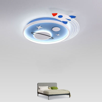 Contemporary Creative Cartoon Kids Rocket Planet Stars Round Iron Acrylic LED Flush Mount Ceiling Light For Bedroom