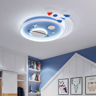 Contemporary Creative Cartoon Kids Rocket Planet Stars Round Iron Acrylic LED Flush Mount Ceiling Light For Bedroom