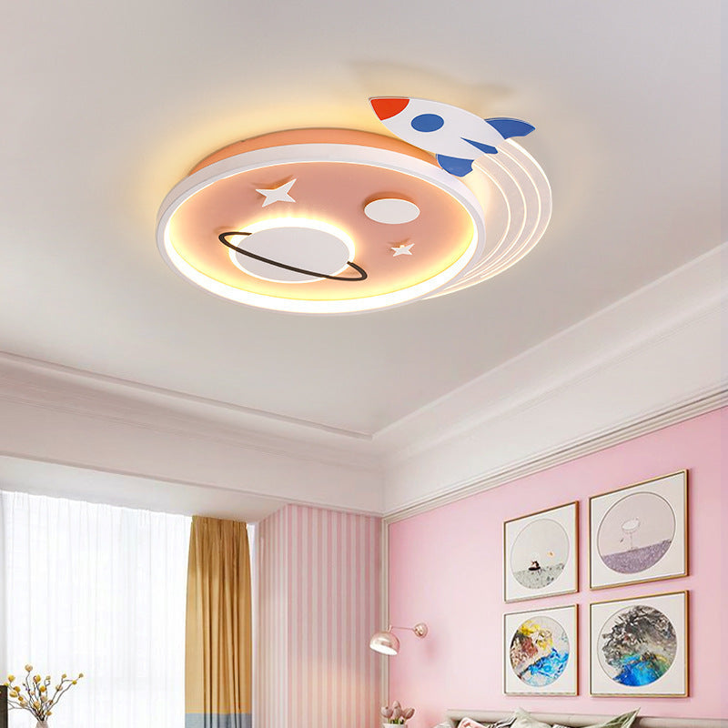 Contemporary Creative Cartoon Kids Rocket Planet Stars Round Iron Acrylic LED Flush Mount Ceiling Light For Bedroom