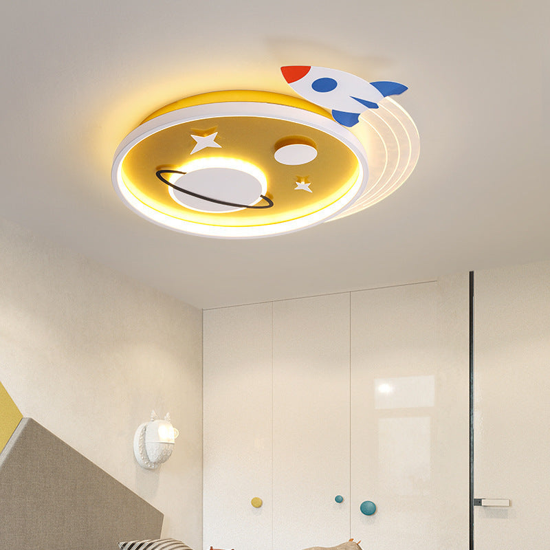 Contemporary Creative Cartoon Kids Rocket Planet Stars Round Iron Acrylic LED Flush Mount Ceiling Light For Bedroom