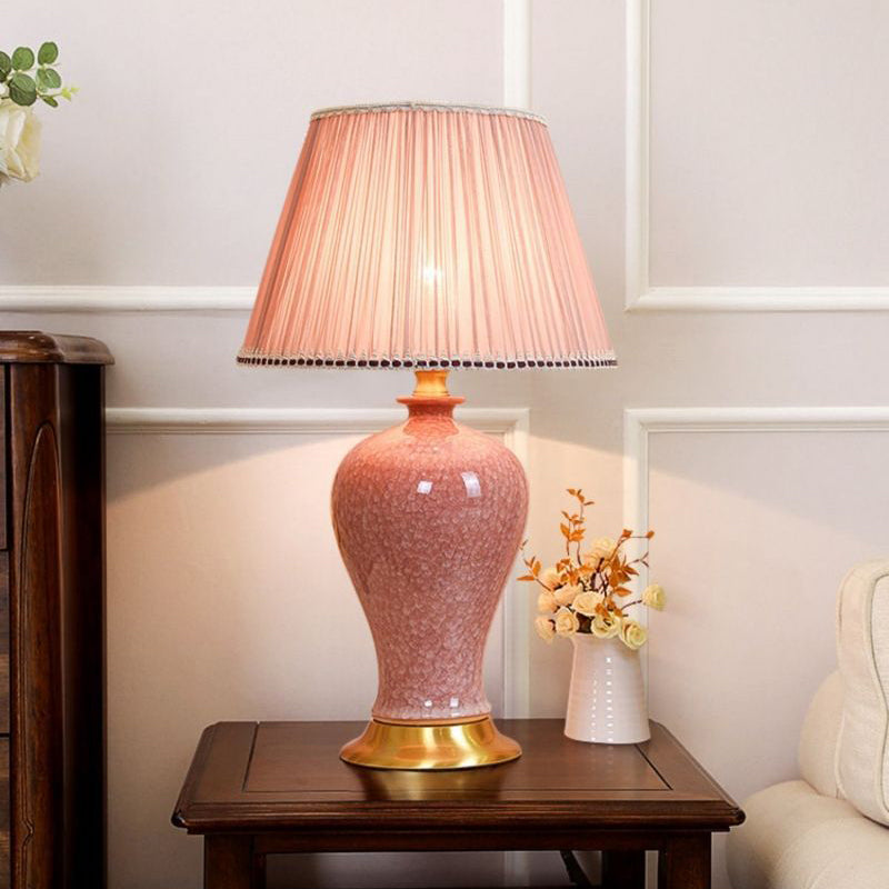 Traditional Chinese Oval Sphere Round Table Crystallized Glaze Ceramic Copper Fabric 1-Light Table Lamp For Bedroom