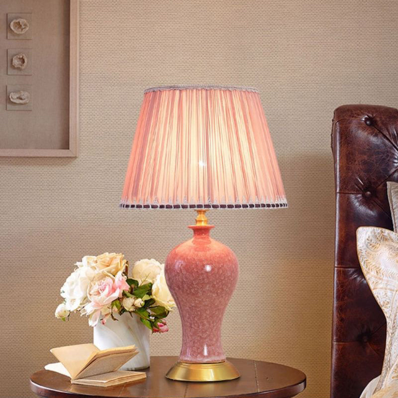 Traditional Chinese Oval Sphere Round Table Crystallized Glaze Ceramic Copper Fabric 1-Light Table Lamp For Bedroom