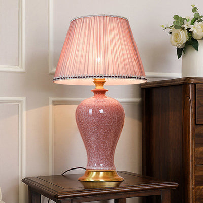 Traditional Chinese Oval Sphere Round Table Crystallized Glaze Ceramic Copper Fabric 1-Light Table Lamp For Bedroom