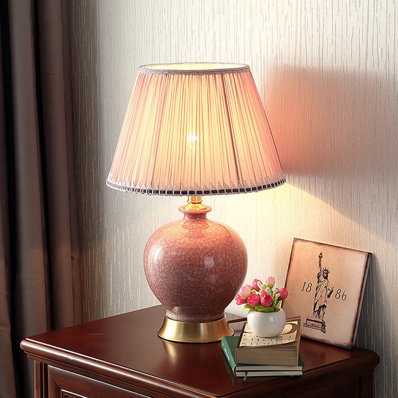 Traditional Chinese Oval Sphere Round Table Crystallized Glaze Ceramic Copper Fabric 1-Light Table Lamp For Bedroom