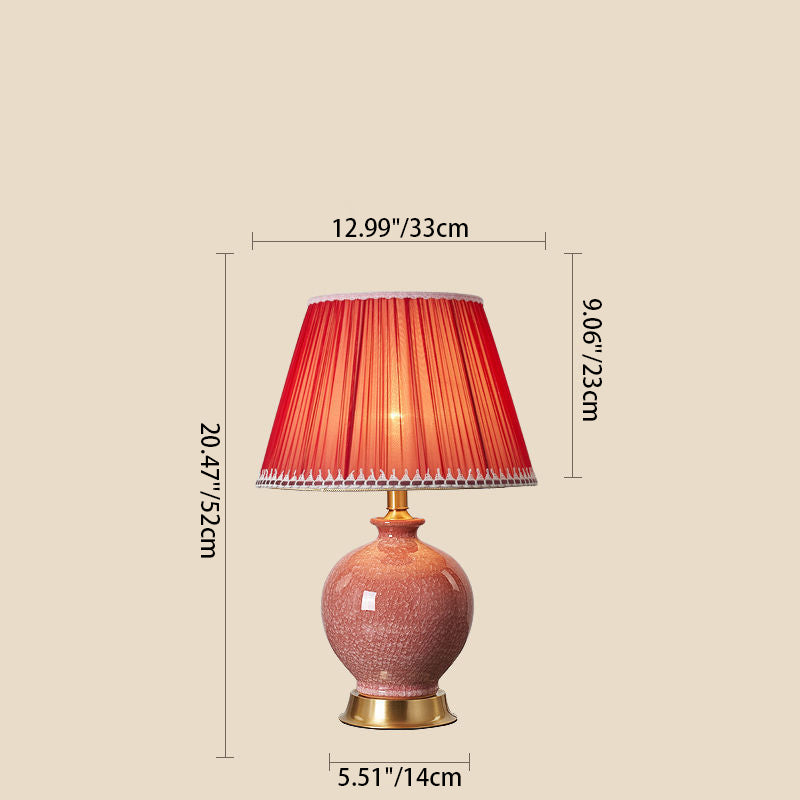 Traditional Chinese Oval Sphere Round Table Crystallized Glaze Ceramic Copper Fabric 1-Light Table Lamp For Bedroom