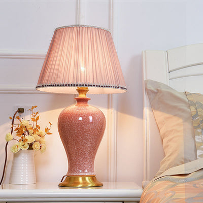 Traditional Chinese Oval Sphere Round Table Crystallized Glaze Ceramic Copper Fabric 1-Light Table Lamp For Bedroom