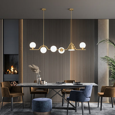 Contemporary Scandinavian Spherical Flared Long Bent Brass Glass 6-Light Chandelier Island Light For Dining Room