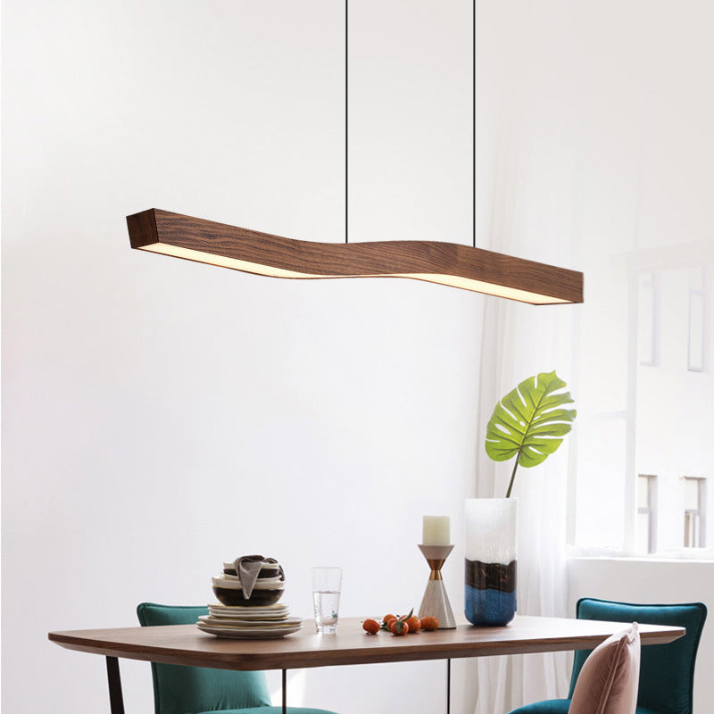 Modern Minimalist Wave Rectangle Rectangle Woodgrain Iron Acrylic LED Pendant Light Island Light For Dining Room