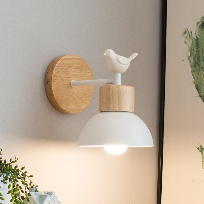 Moderne minimalistische halbrunde Zylinder Vogelscheibe Basis Eisen Massivholz Harz 1-Licht Wandleuchte Lampe für Schlafzimmer 