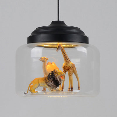 Contemporary Creative Cartoon Animals Kids Cylinder Iron Glass LED Pendant Light For Living Room