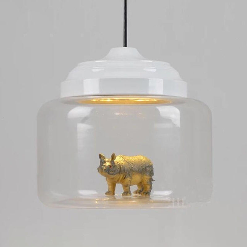 Contemporary Creative Cartoon Animals Kids Cylinder Iron Glass LED Pendant Light For Living Room