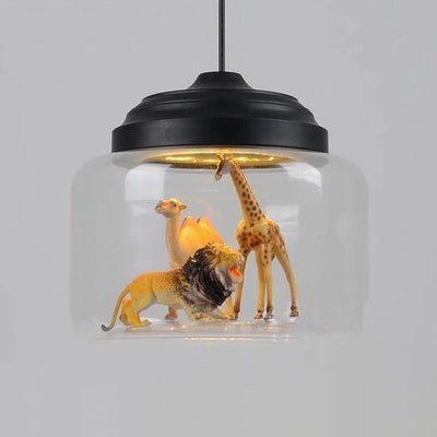 Contemporary Creative Cartoon Animals Kids Cylinder Iron Glass LED Pendant Light For Living Room