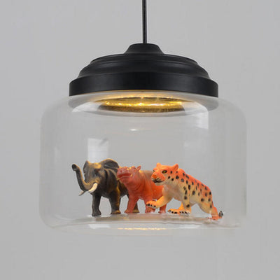 Contemporary Creative Cartoon Animals Kids Cylinder Iron Glass LED Pendant Light For Living Room