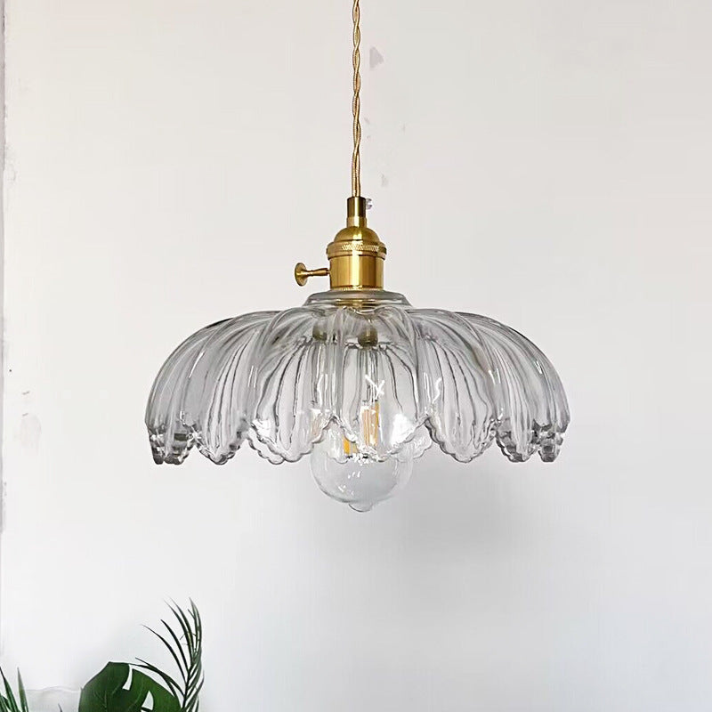 Contemporary Scandinavian Lotus Leaf Cylinder Copper Glass 1-Light Pendant Light For Bedroom