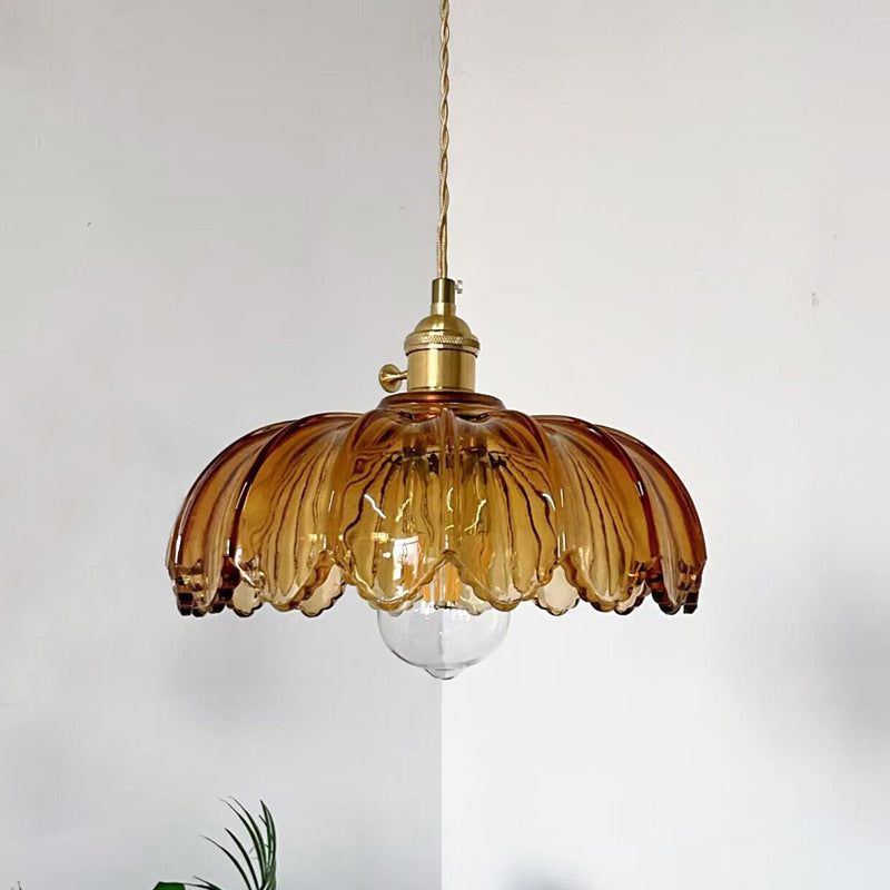 Contemporary Scandinavian Lotus Leaf Cylinder Copper Glass 1-Light Pendant Light For Bedroom