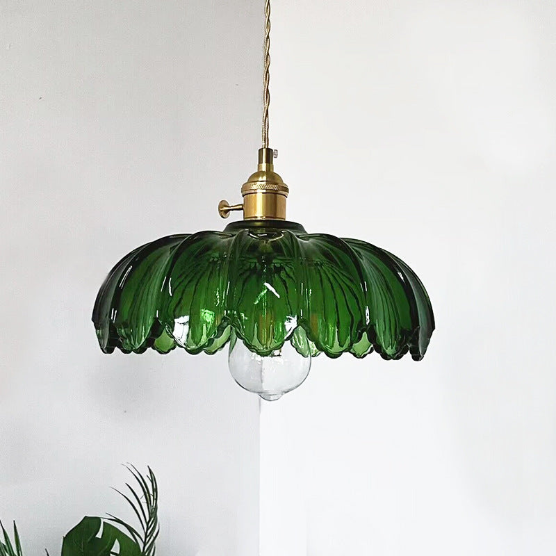 Contemporary Scandinavian Lotus Leaf Cylinder Copper Glass 1-Light Pendant Light For Bedroom