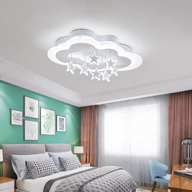 Contemporary Scandinavian Warm Kids Clouds Stars Iron Acrylic LED Flush Mount Ceiling Light For Bedroom