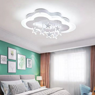 Contemporary Scandinavian Warm Kids Clouds Stars Iron Acrylic LED Flush Mount Ceiling Light For Bedroom