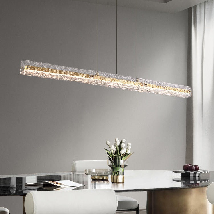 Modern Luxury Long Rectangle Water Ripple Copper Glass LED Pendant Light Island Light For Dining Room