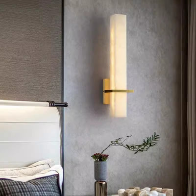 Traditional Chinese Rectangle Stone Pattern Square Base Copper Marble LED Wall Sconce Lamp For Bedroom