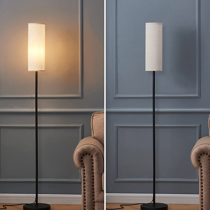 Moderne minimalistische Zylinder lange Stange Eisen Stoff 1-Licht stehende Stehlampe für Schlafzimmer 