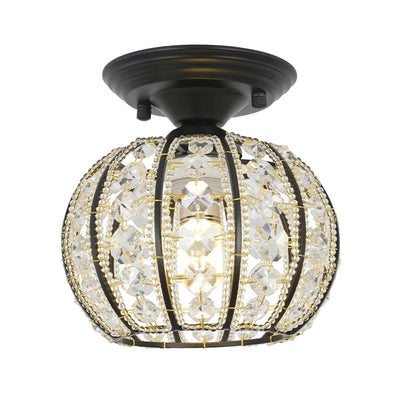 Contemporary Scandinavian Oval Hollow Crushed Flower Disc Base Iron Crystal 1-Light Semi-Flush Mount Ceiling Light For Living Room