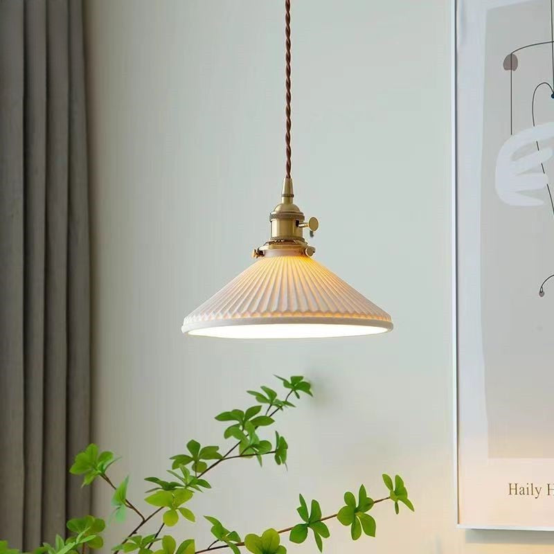 Traditional Japanese Umbrella Pleated Cylinder Hardware Ceramic 1-Light Pendant Light For Bedroom