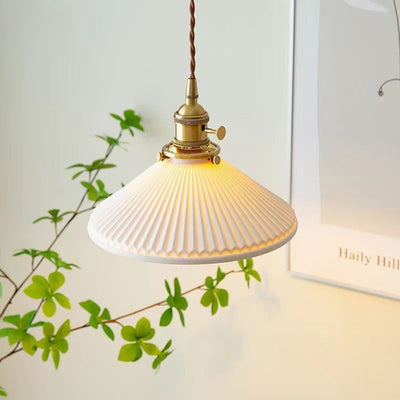 Traditional Japanese Umbrella Pleated Cylinder Hardware Ceramic 1-Light Pendant Light For Bedroom